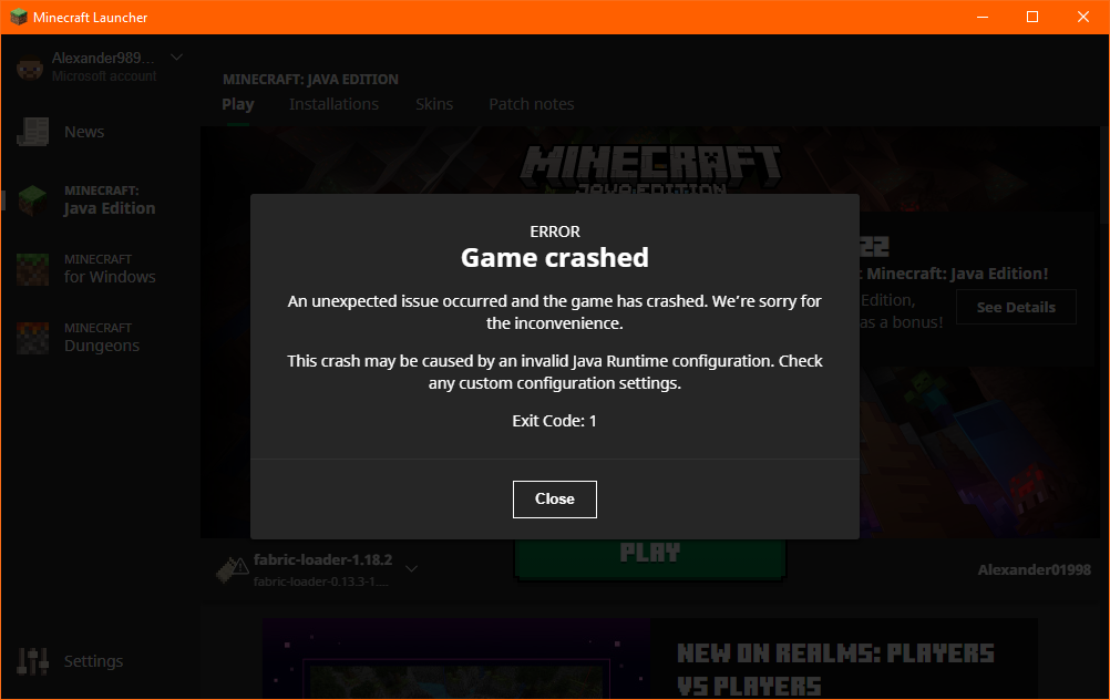 the Minecraft launcher's useless error message