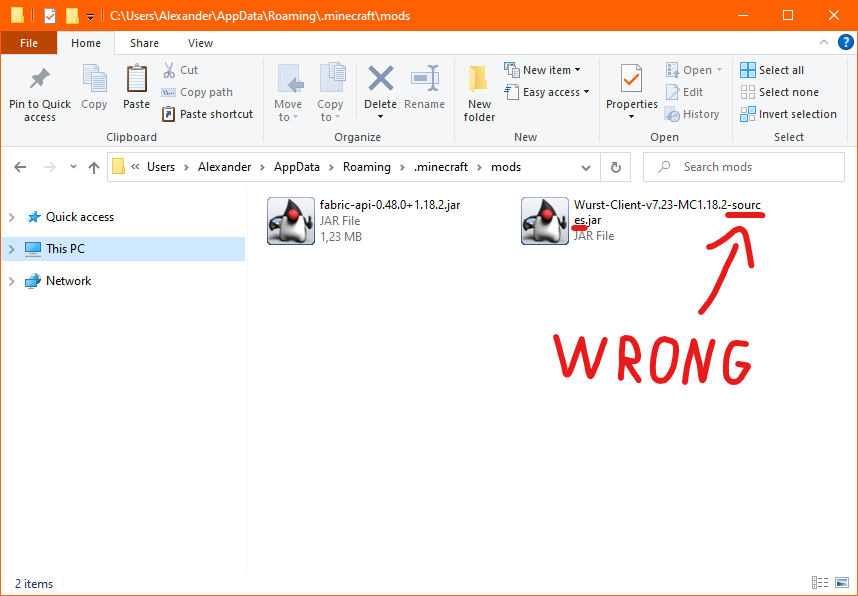 .minecraft/mods folder with the source code of Wurst, which will not work