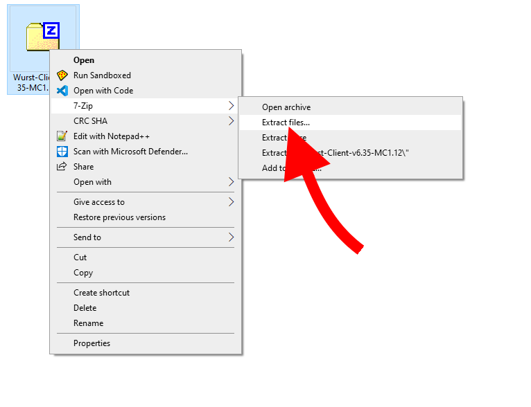 A screenshot showing how to extract a .zip file with 7-Zip. The .zip file is selected, the context menu is open and an arrow points at the 7-Zip > Extract files... option.