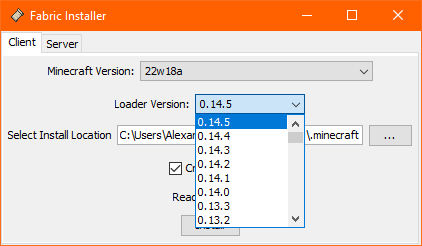 Manuelles Auswählen von Loader 0.14.x im Fabric-Installer