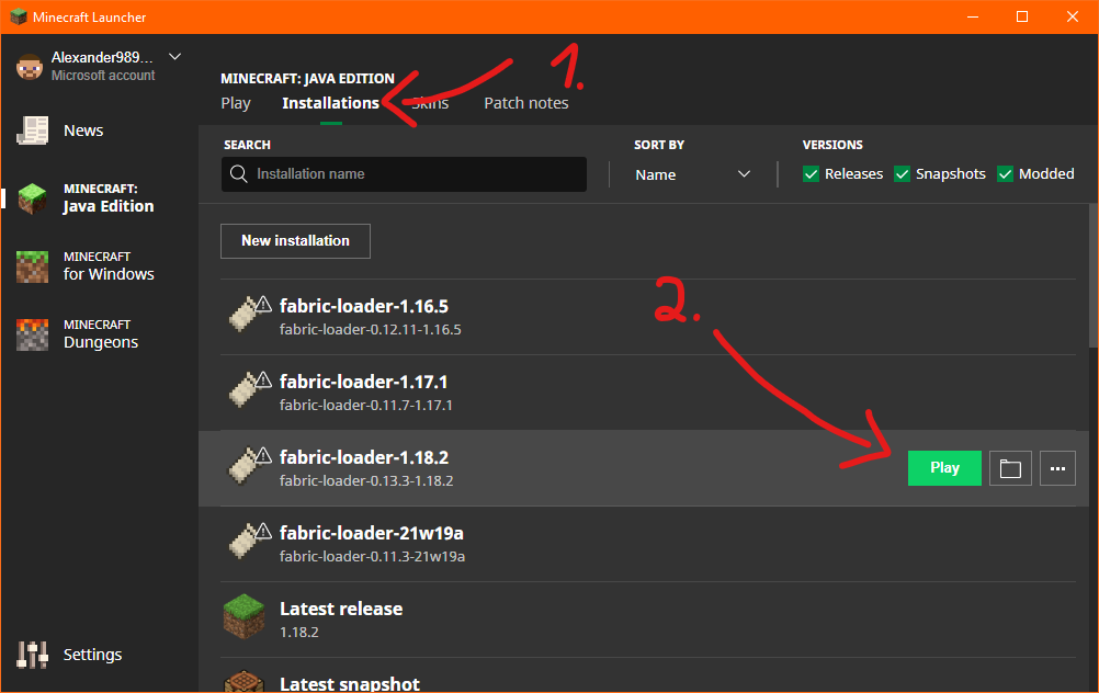 how to launch a modded fabric profile