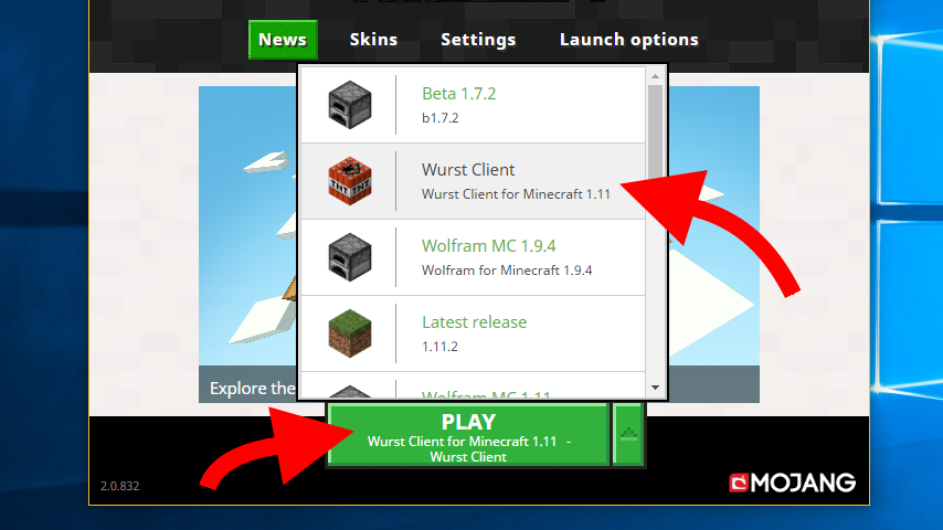 A screenshot of the Minecraft launcher with the 'Wurst Client for Minecraft 1.11' profile selected. One arrow points at the 'PLAY' button and another arrow points at the 'Wurst Client for Minecraft 1.11' profile.