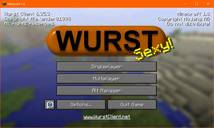 A screenshot of the Minecraft 1.8 title screen with Wurst 6.35.3 installed.
