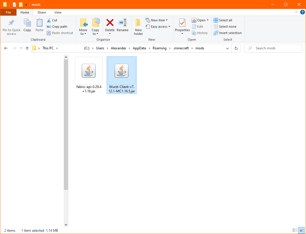Wurst Client jar file in .minecraft/mods folder